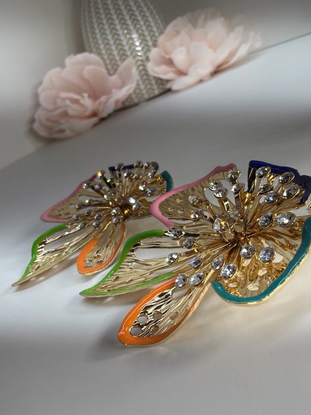 Gold Floral Crystal Statement Earrings in Multicolor Enamel